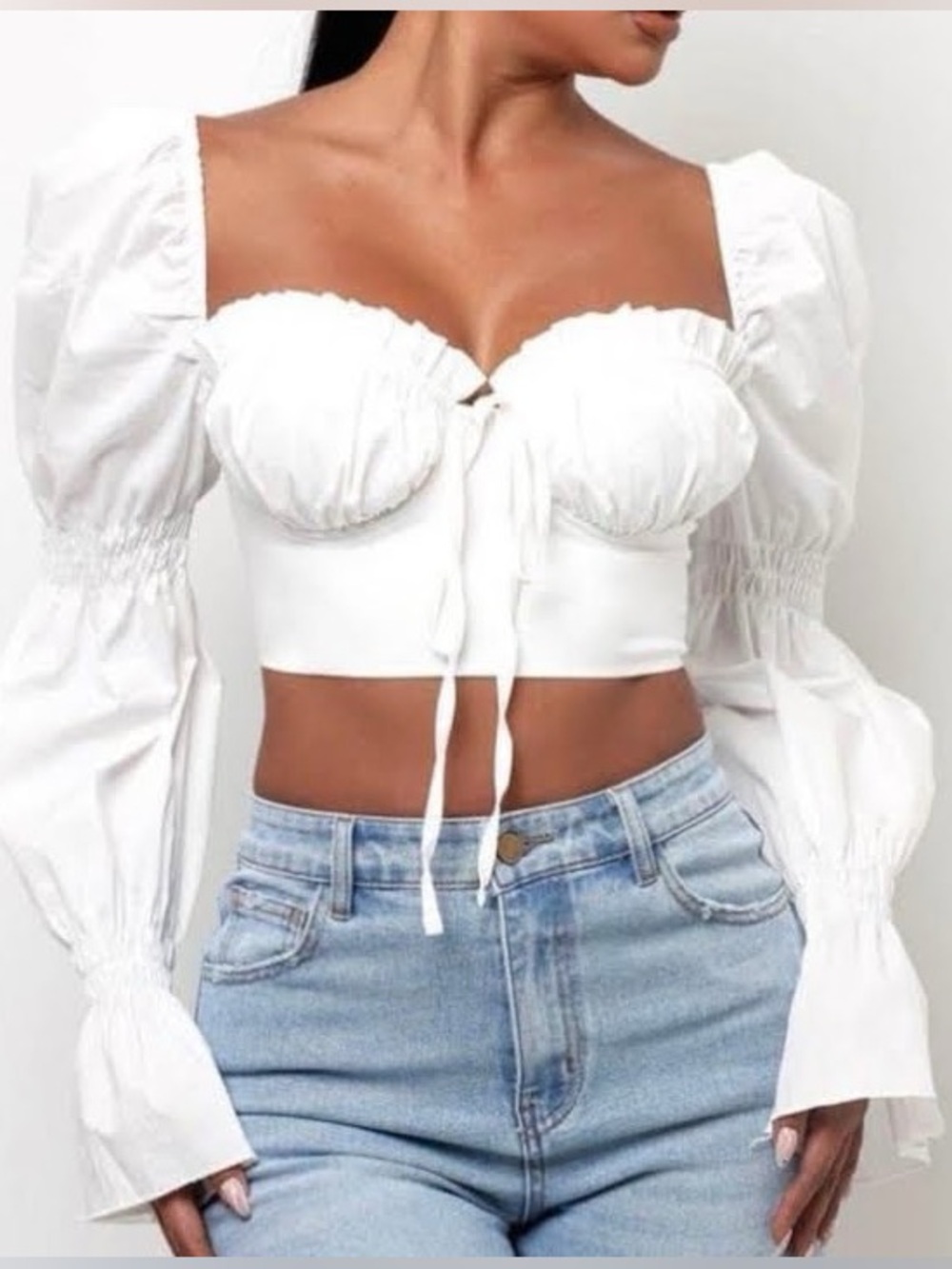 Magnolia White Puff-Sleeve Tie-Front Crop Top
